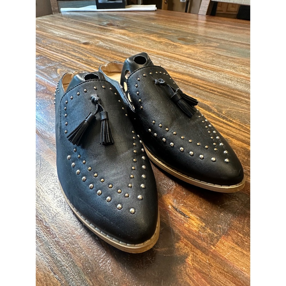 Oasis Society Black Leather Studded Tassel Mules Pointed Toe Flats Womens 8